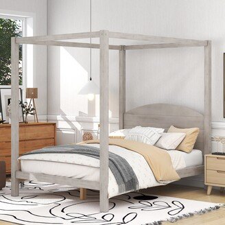 TOSWIN Modern Platform Bed with Headboard, Wood 4-Post Canopy Frame