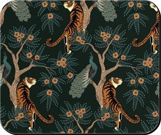 Mouse Pads: Tiger & Peacock On Black Mouse Pad, Rectangle Ornament, Black