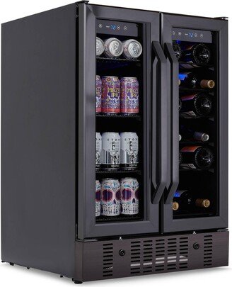 24 Wine and Beverage Refrigerator and Cooler, 18 Bottle and 60 Can Capacity, Built-in Dual Zone Fridge in Black Stainless Steel with French Do