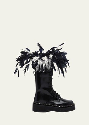 Rockstud Patent Leather Combat Boots with Feathers