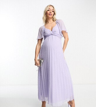 ASOS DESIGN Maternity twist front angel sleeve textured midi dress in lilac