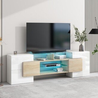 Versatile TV Stand for TVs up to 80 with 2 Lighted Glass Shelves and LED Color Changing Lights, Wood