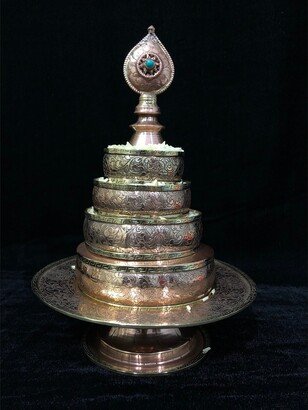 Set Of Mandala + Double Vajra, Hand Made Copper Tibetan Buddhist Ritual Offering