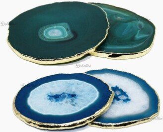 Personalize Customize Green Or Blue Agate Coasters Natural Cut Geode Gold Plated Edge Bridesmaid Bachelor Bachelorette Gift Bridal Evil Eye