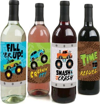 Big Dot Of Happiness Smash and Crash - Monster Truck - Party Decor - Wine Bottle Label Stickers 4 Ct