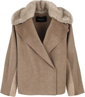 Coat with knitted inserts and faux fur