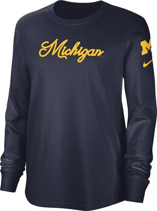 Michigan Women's College Crew-Neck Long-Sleeve Top in Blue