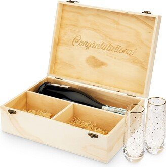 Champagne Bottle Gift Box, Wine Box with Lid and 2 Stemless Champagne Flutes, Packing Straw, Holds 1 Champagne Bottle, Wood