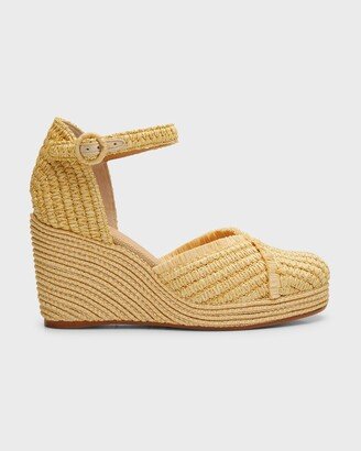 Raffia Ankle-Strap Wedge Pumps-AA