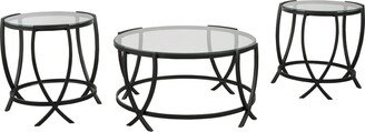 Contemporary Round Table Set with Glass Top and Geometric Metal Body, Black - 3 pieces