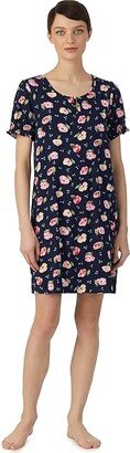 Short Sleeve Smocked Sleeve Scoop Neck Short Gown (Navy Floral) Women's Pajama