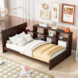 EDWINRAY Versatile Rustic Twin Size Platform Bed with Drawers and Shelves, Espresso