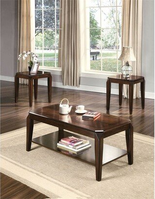 AOOLIVE 3 Pc Walnut Transitional Wooden Coffee/End Table Set with Shelf