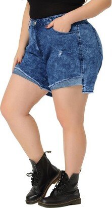 Agnes Orinda Women's Plus Size High Rise Fashion Denim Roll-Up Stretched Ripped Jean Shorts Blue 2X