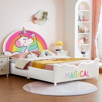 Kids Upholstered Platform Bed Children Twin Size Wooden Bed