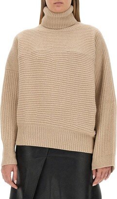 Roll-Neck Rib-Knit Cape Jumper