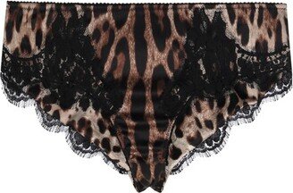 Leopard-print satin briefs with lace detailing