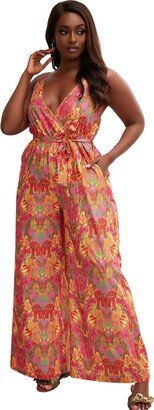 Rebdolls Women's Soleil Tropical Print Wide Leg Jumpsuit W. Pockets