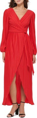 Women's Pleated Woven Faux-Wrap V-Neck Maxi Dress