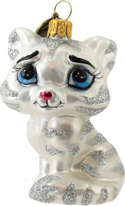 Blu Bom Silver Striped Cat Ornament - 1 Glass Ornament 3.50 Inches - Kitten Pet Feline Meow - 18040 - Glass - White