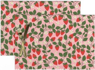 Pink Strawberry Placemats | Set Of 2 - Orchard By Julia Dreams Fruits & Berries Red Green Cloth Spoonflower