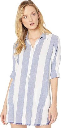 Rugby Beach Stripe Boyfriend Shirt Cover-Up (White) Women's Swimwear