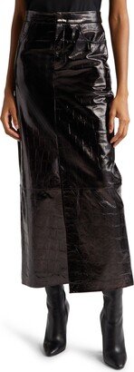 Anafee High Waist Croc Embossed Lambskin Leather Midi Skirt