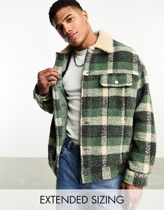 oversized wool look western jacket in green check with borg collar