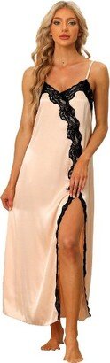 cheibear Women Satin Nightgown Lace Cami Dre Maxi Long Gown Pajama Nightwear Champagne X-Large