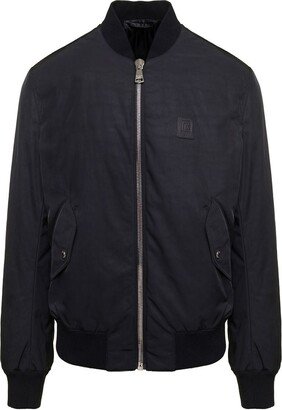 Black Bomber Jacket with Tonal Logo Patch and Logo Lettering Print in Nylon Man