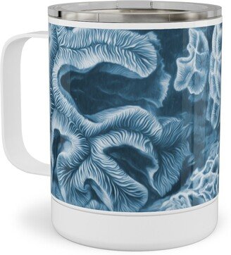 Travel Mugs: Coral All Over In Sea Blue Stainless Steel Mug, 10Oz, Blue