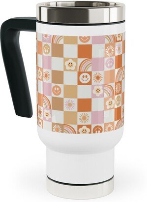 Travel Mugs: Retro Checkerboard - Daisy, Smile, Happy - Pink Orange Travel Mug With Handle, 17Oz, Orange