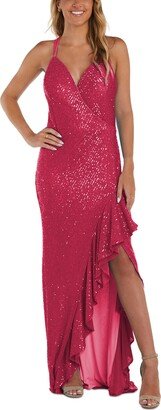 Morgan & Company Juniors' V-Neck Ruffle-Front Sequin Gown