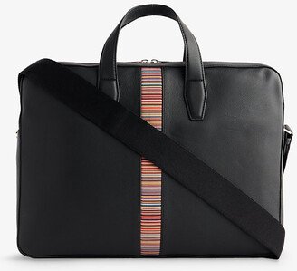 Mens Black Striped-panel Zipped Leather Document bag