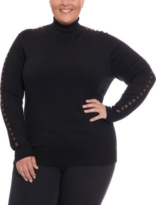 Plus Size Grommet Long Sleeve Turtleneck Sweater