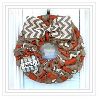 Pumkin Fall Wreath - Autumn Burlap Wreath, Chevron Wreath- Dark Orange Wreath Decor Door Fall