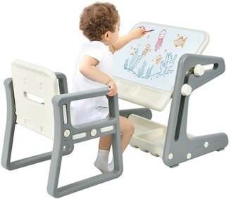 2 in 1 Kids Easel Table and Chair Set with Adjustable Art Painting Board - Grey