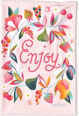 Rose Pink Tea Towel - Enjoy Life By Miraparadies Typography Mango Strawberry Positivity Linen Cotton Canvas Spoonflower