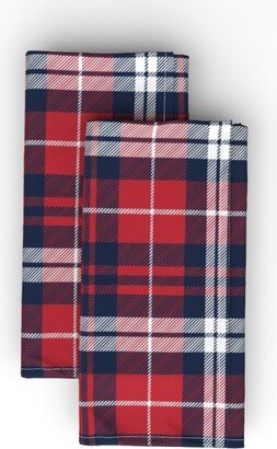 Cloth Napkins: Seasonal Plaid - Navy, Red, White Cloth Napkin, Longleaf Sateen Grand, Red