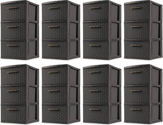 3 Drawer Wicker Weave Decorative Storage Organization Container Cabinet Tower with Driftwood Handles, Espresso (8 Pack)