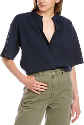 Shirred Band Collar Linen-Blend Blouse