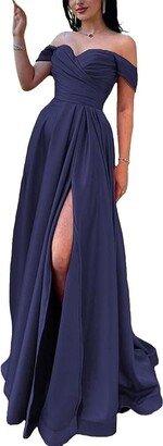 FHMRV Women's Cold Shoulder Satin Bridesmaid Dresses A-Line Pleated High Waist with Slit Long Prom Formal Gowns Party Dresses (Color : Navy Blue