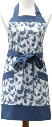 Women's Blue & Gray Apron, in A Vines Leaves Print With Pockets & Optional Personalization