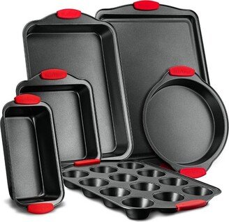 6-Piece Nonstick Bakeware Set - Carbon Steel Baking Tray Set w/ Heatsafe Red Silicone Handles, Oven Safe Up to 450°F, Loaf Muffin