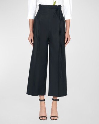 High-Rise Pleated Wide-Leg Crop Pants With Waist Tie