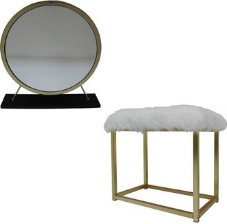 Rose Round Vanity Mirror with Stool, Faux Fur Seat, Brass, Black