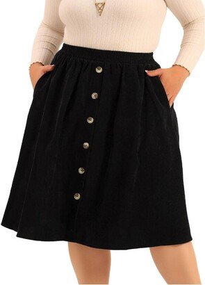 Agnes Orinda Agne Orinda Women' Plu Size Elatic High Wait Button Front A-Line Midi Corduroy Skirt with Pocket Black 4X