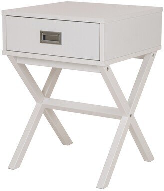 White Wooden X-Leg End Table with 1 Drawer