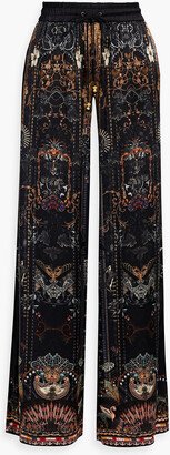 Embellished printed silk-satin wide-leg pants