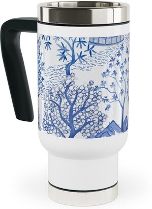 Travel Mugs: Pagoda Forest - Blue Travel Mug With Handle, 17Oz, Blue